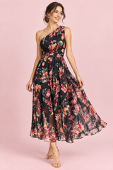 Geblümtes Maxikleid in Schwarz mit One-Shoulder-Ausschnitt und A-Linie