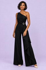 Schwarzer Jumpsuit mit weitem Bein und asymmetrischem Ausschnitt