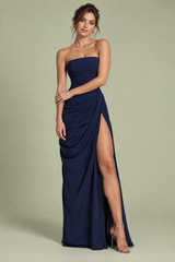 Marineblaues trägerloses Maxikleid mit Raffungen