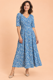 Robe longue bleue à col V | Vue de face | Lounelle Paris