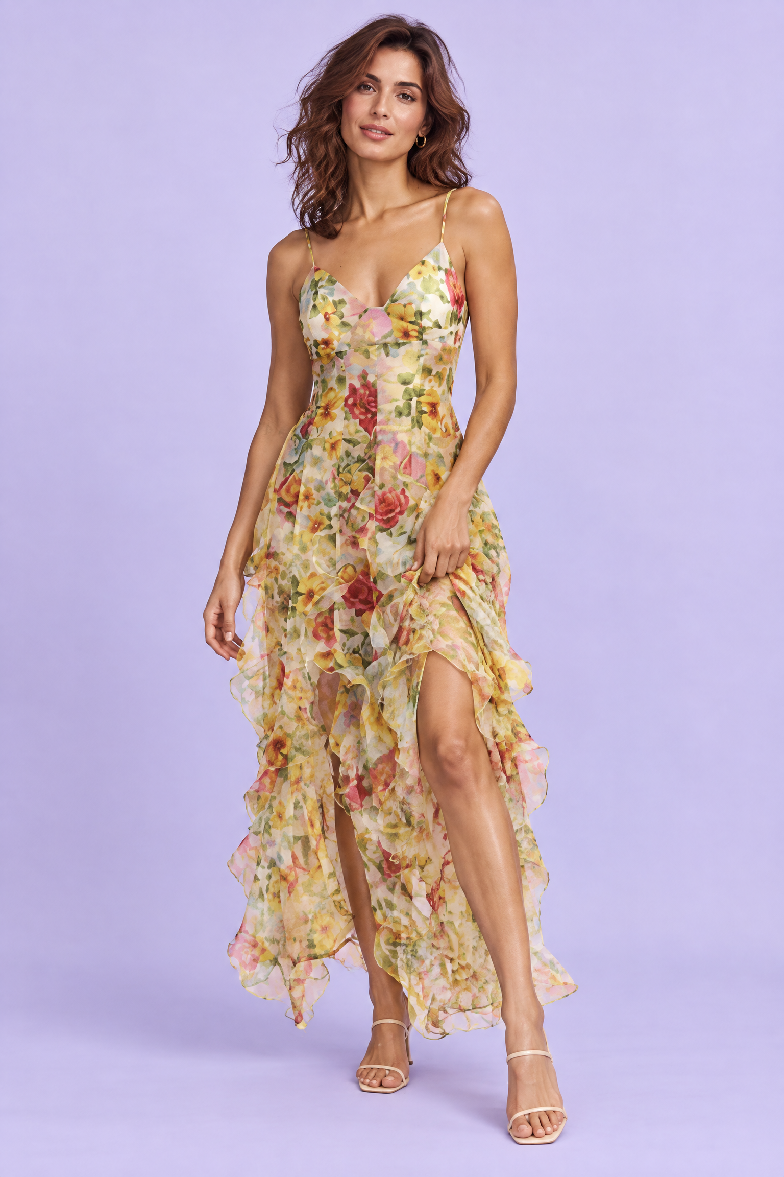 Robe longue jaune asymétrique à manches cape et imprimé lys | Vue de face | Lounelle Paris