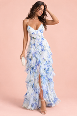 Blaues Maxikleid mit asymmetrischem Cape-Ärmel und Lilienprint