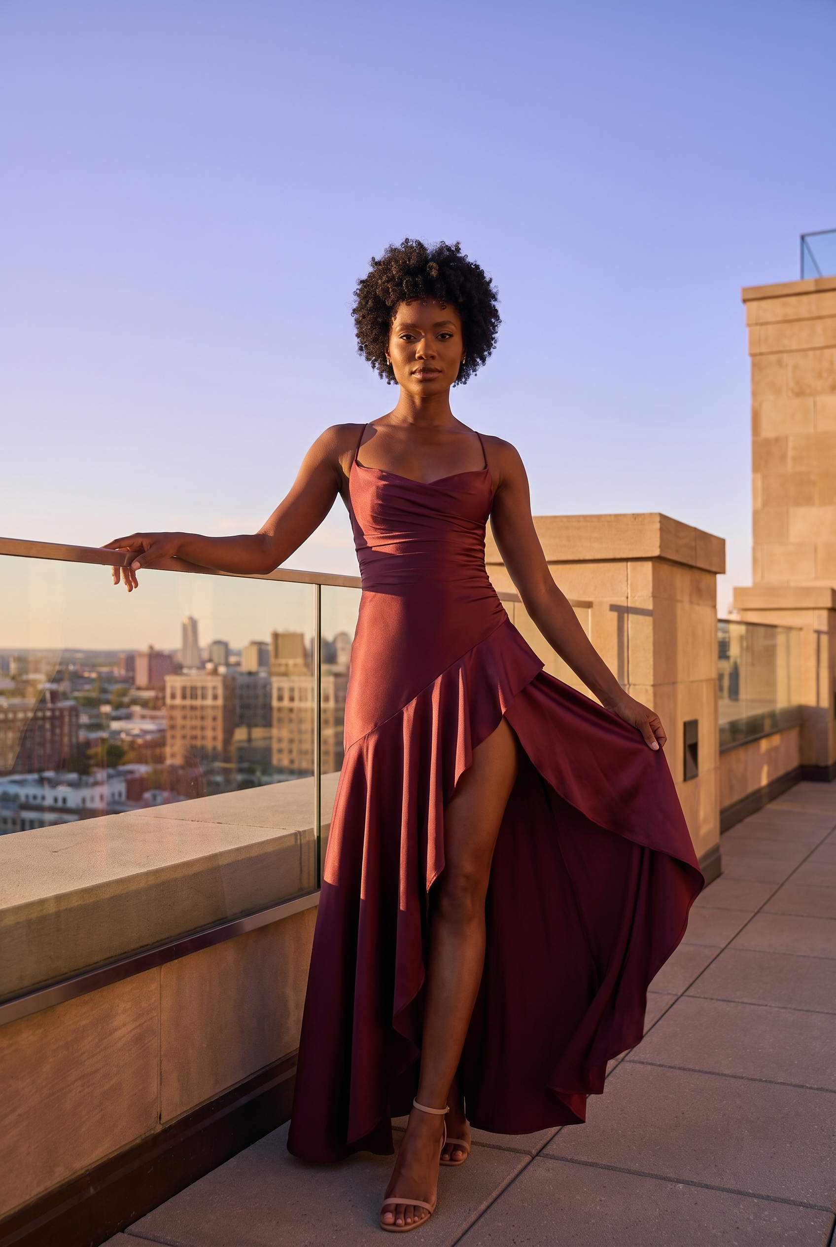 Robe longue bordeaux satinée asymétrique à une épaule et dos ouvert | Deuxième photo lifestyle | Lounelle Paris