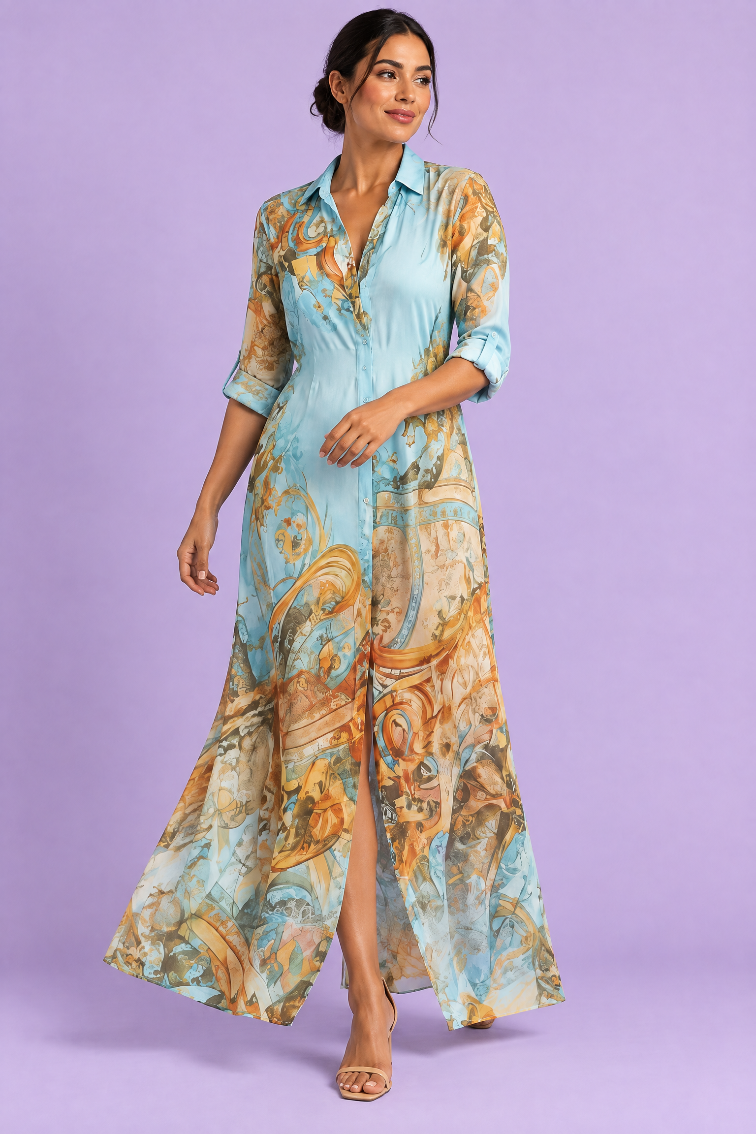 Robe-chemise midi imprimée bleu clair | Vue en mouvement | Lounelle Paris