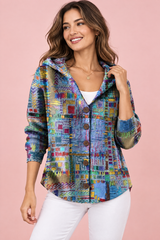 Geblümte Strickjacke mit Kapuze in Blau