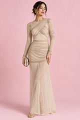 Beiges figurbetontes Maxikleid mit Raffungen