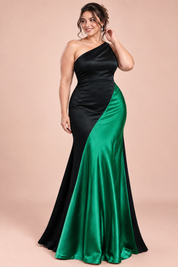 Robe longue noire et verte à une épaule | Porté sur une silhouette plus ronde | Lounelle Paris