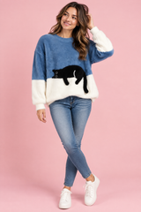 Oversize-Pullover mit Katzenmotiv in Blau