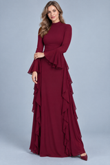 Bordeauxrotes Maxikleid mit Volants und Trompetenärmeln