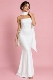 Robe longue blanche bustier bandeau à coupe sirène | Vue de face | Lounelle Paris