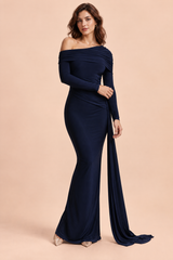 Blaues asymmetrisches Maxikleid mit One-Shoulder-Ausschnitt und Drapierung