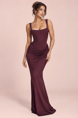 Magentafarbenes gerafftes Maxikleid mit eckigem Ausschnitt