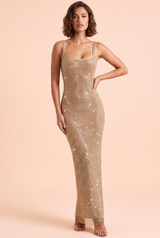 Goldenes Glitzer-Maxikleid mit eckigem Ausschnitt
