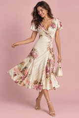 Elfenbeinfarbenes Midikleid mit Blumenprint, Raffungen und V-Ausschnitt