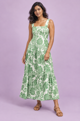 Grünes Midikleid mit Porzellanprint und eckigem Ausschnitt
