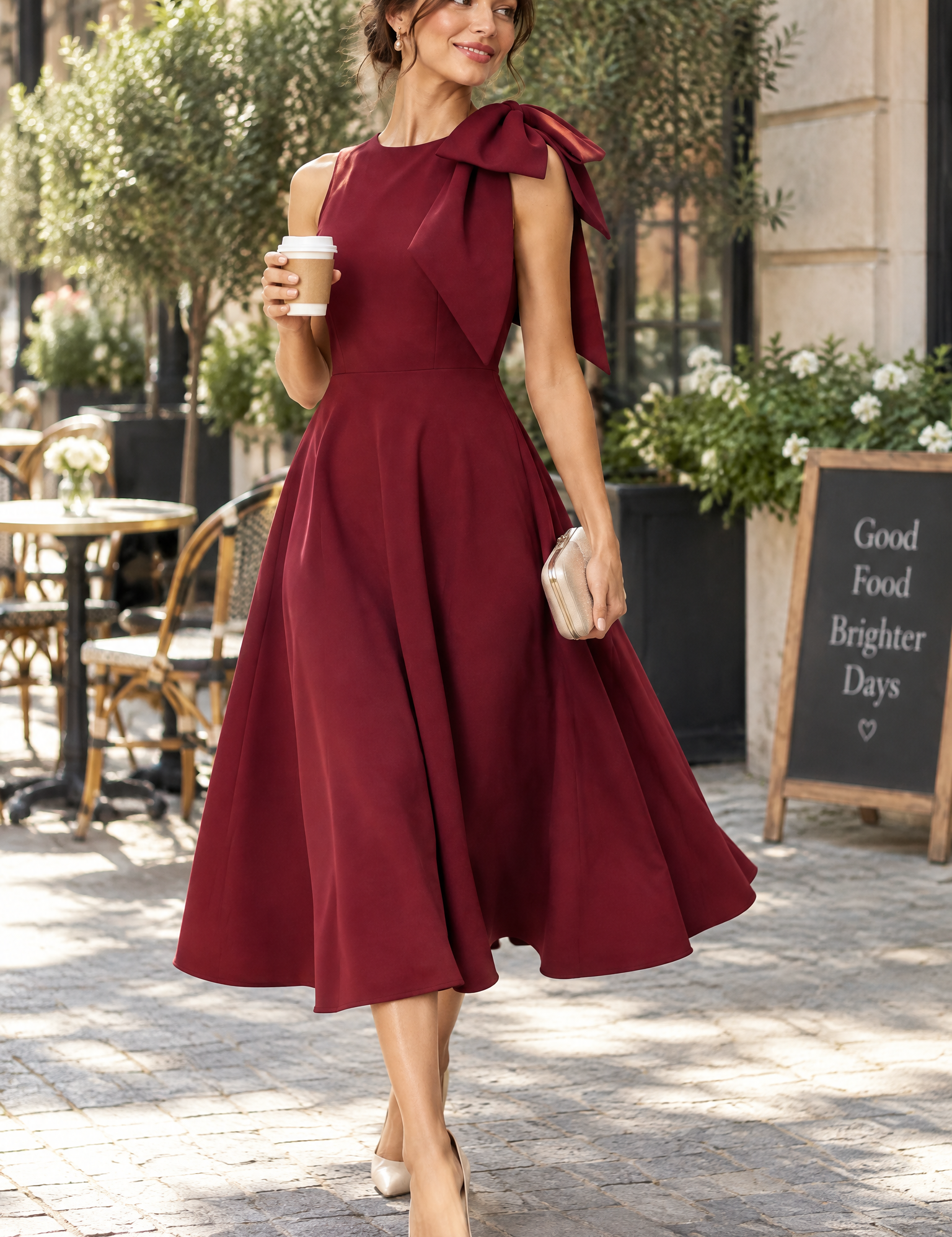 Robe midi bordeaux à encolure asymétrique et manche à nœud | Photo lifestyle | Lounelle Paris