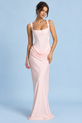 Rosa Maxikleid mit eckigem Ausschnitt und Raffungen