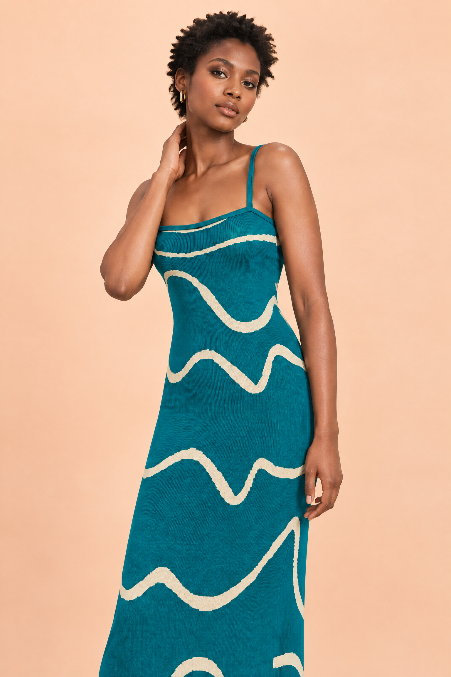 Robe longue rayée dos nu bleu canard | Vue rapprochée | Lounelle Paris
