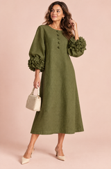 A-Linien-Midikleid in Olivgrün mit Puffärmeln