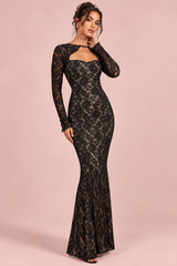 Schwarzes Spitzen-Maxikleid mit Herzausschnitt