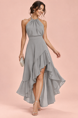 Graues asymmetrisches Neckholderkleid mit Rüschen