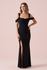 Schwarzes drapiertes Wickel-Maxikleid mit eckigem Ausschnitt