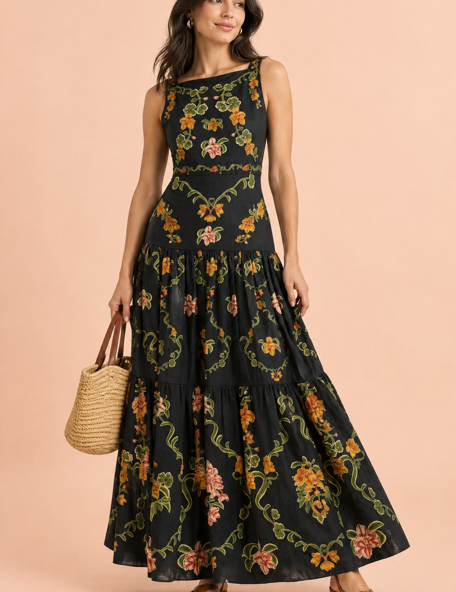 Robe longue noire fleurie à volants | Vue de face | Lounelle Paris