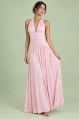 Puderrosa Maxikleid mit tiefem V-Ausschnitt, Neckholder und Raffdetails