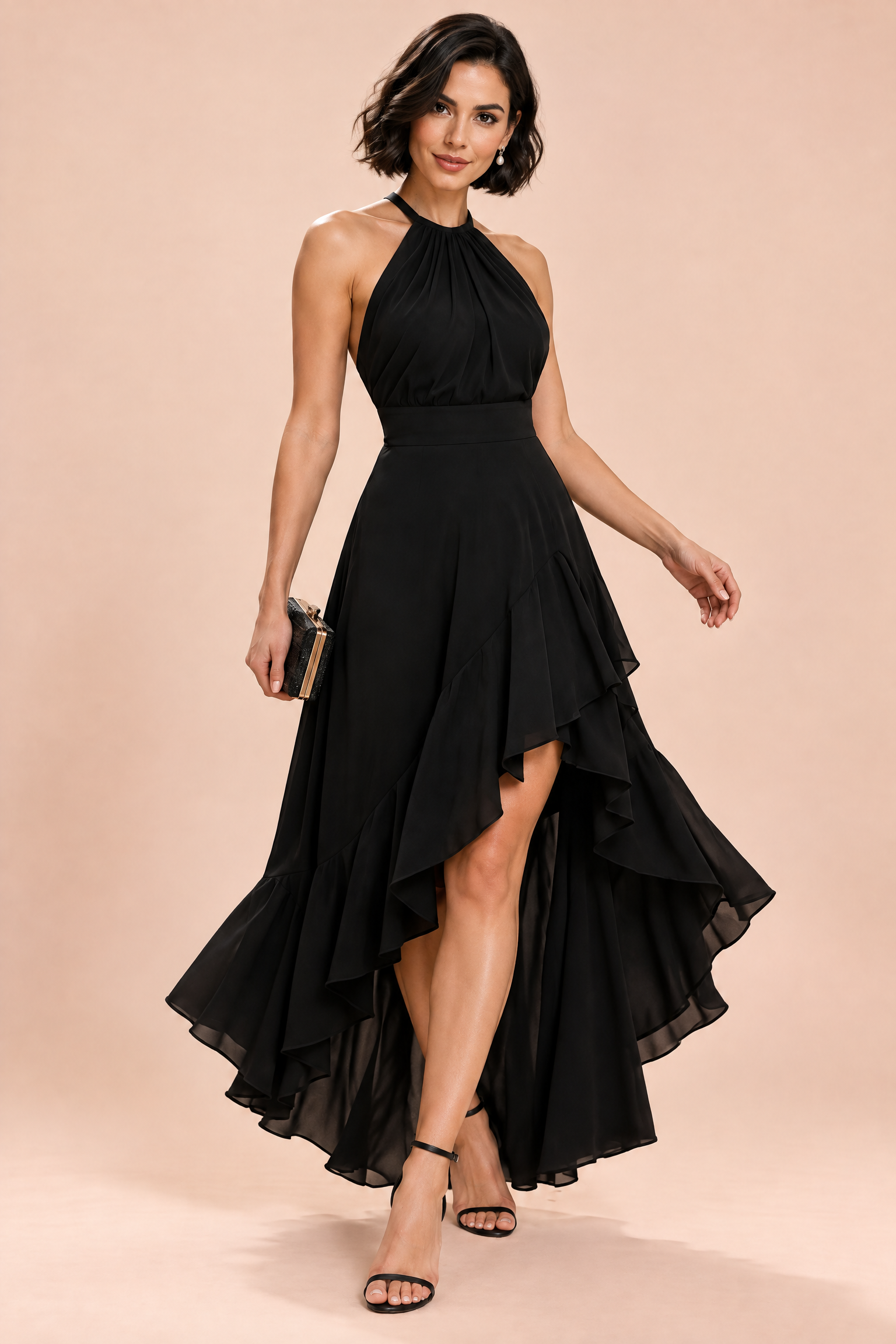 Robe noire à volants asymétriques et encolure dos nu | Vue en mouvement | Lounelle Paris