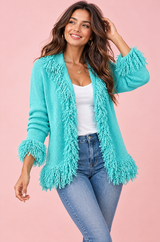Türkisfarbener Cardigan mit Fransenbesatz