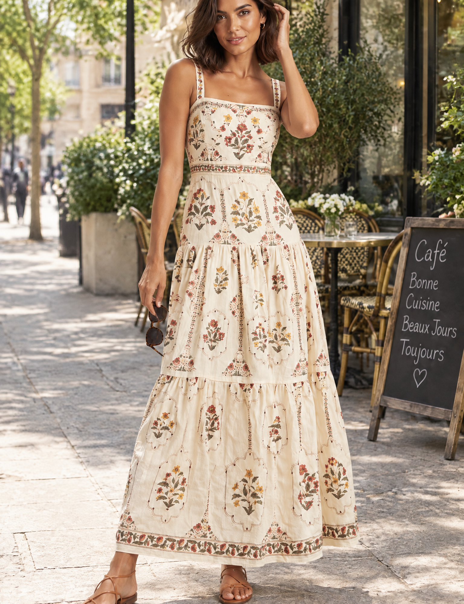Robe longue écrue fleurie à volants | Photo lifestyle | Lounelle Paris