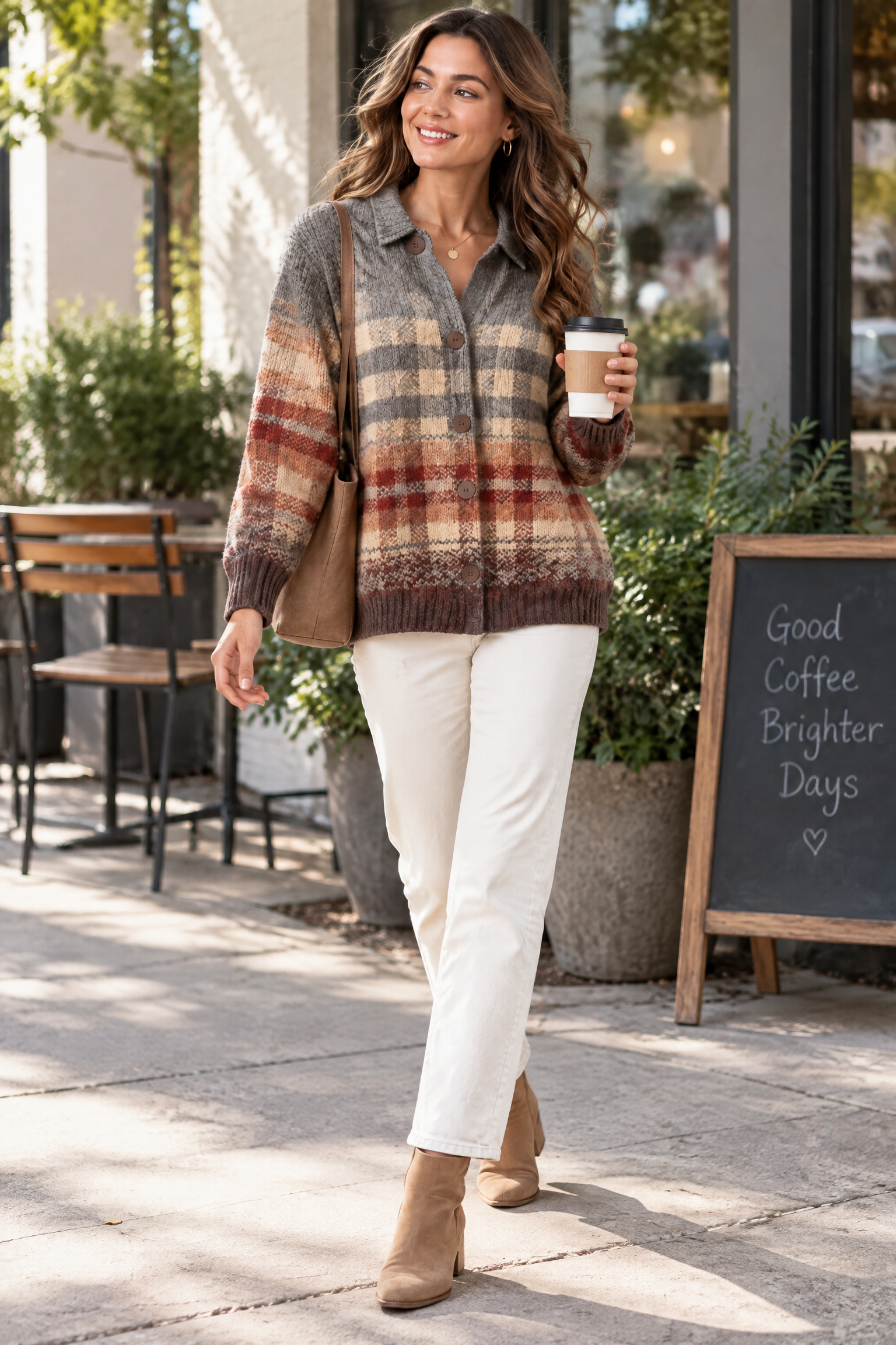 Gilet marron à carreaux avec col | Photo lifestyle | Lounelle Paris