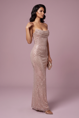 Paillettenkleid mit Wasserfallausschnitt in Roségold