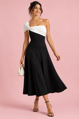 One-Shoulder-Midikleid in Schwarz-Weiß