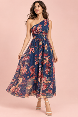 Geblümtes Maxikleid in Blau mit One-Shoulder-Ausschnitt und A-Linie