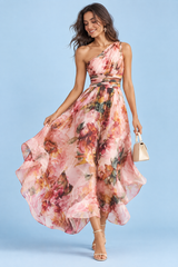 Rosa geblümtes One-Shoulder-Maxikleid