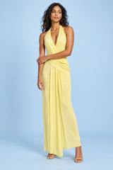 Langes gelbes Kleid mit asymmetrischem Drapé, Neckholder und offenem Rücken