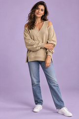 Khaki-Oversize-Top mit V-Ausschnitt und Schulter-Cut-outs