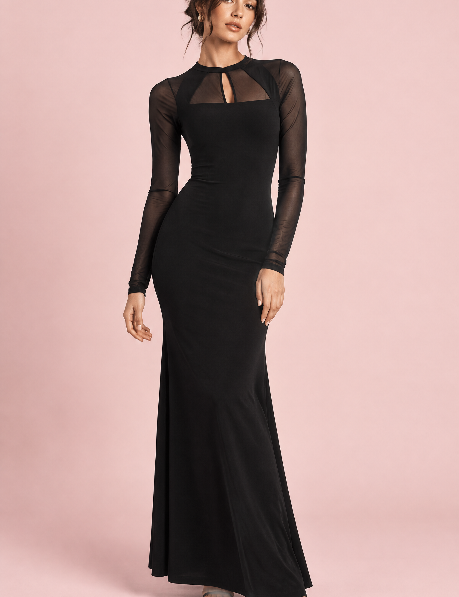 Robe longue noire froncée à encolure carrée | Vue de face | Lounelle Paris