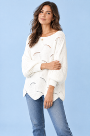 Pull blanc oversize ajouré à col bateau | Vue rapprochée | Lounelle Paris