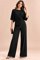 Schwarzes plissiertes Hosen-Set mit Wickelfront und weitem Bein
