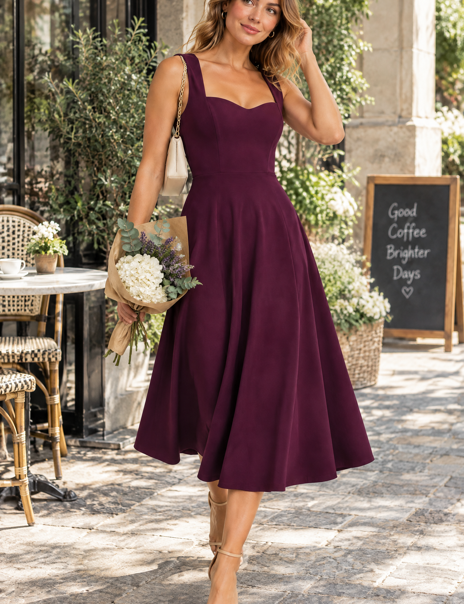 Robe midi violette à décolleté cœur | Photo lifestyle | Lounelle Paris