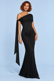 Robe longue moulante froncée asymétrique noire | Vue de face | Lounelle Paris