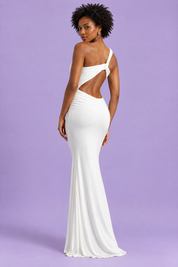 Robe longue blanche asymétrique à jupe portefeuille | Vue de dos | Lounelle Paris
