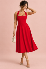 Rotes Midikleid mit ausgestelltem Rock und eckigem Ausschnitt