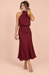 A-Linien-Midikleid in Bordeaux mit Schal-Ausschnitt
