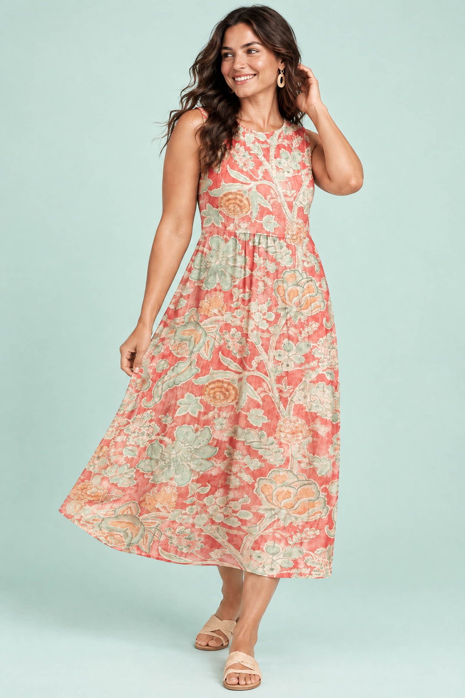 Robe midi corail à imprimé floral | Porté sur une autre silhouette | Lounelle Paris