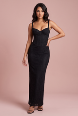 Schwarzes Korsett-Maxikleid aus Spitze