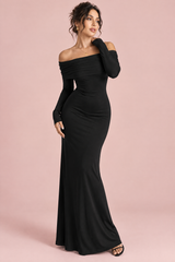 Schwarzes asymmetrisches Maxikleid mit Drapierung, Carmen-Ausschnitt und offenem Rücken