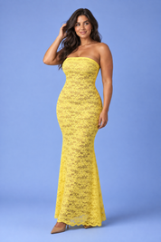 Robe longue jaune en dentelle à bandeau avec détail foulard | Porté sur une autre silhouette | Lounelle Paris